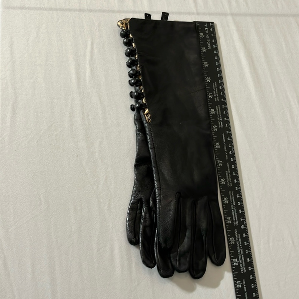 Bananna Republic long Black leather gloves silk leopard lining 8 buttons - Picture 10 of 13